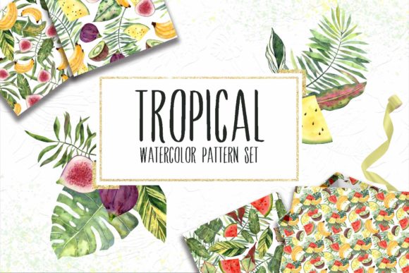 12 Watercolor Tropical Patterns Set for Brand Design