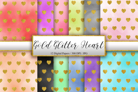 Gold Glitter Heart Watercolor Background and Patterns