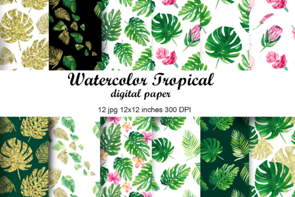 Watercolor Tropical Leaves Digital Paper for Patterns